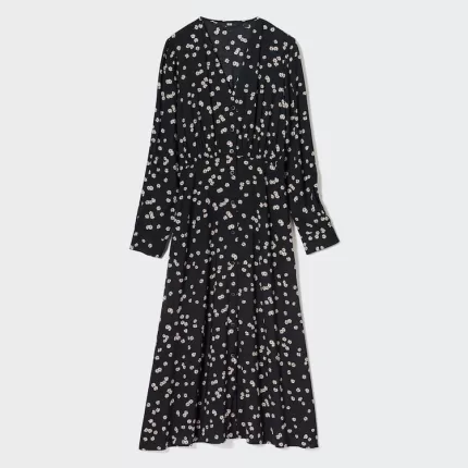 Uniqlo Printed V Neck Flared Long Sleeved Dress Women Black