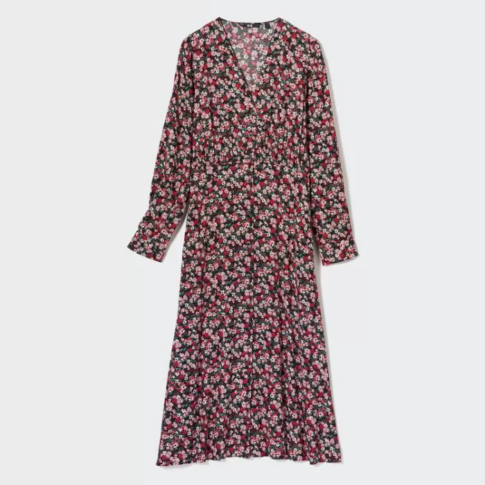 Uniqlo Printed V Neck Flared Long Sleeved Dress Women Pink