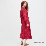 Uniqlo Printed V Neck Flared Long Sleeved Dress Women Red