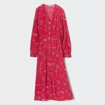 Uniqlo Printed V Neck Flared Long Sleeved Dress Women Red