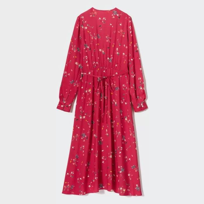 Uniqlo Printed V Neck Flared Long Sleeved Dress Women Red