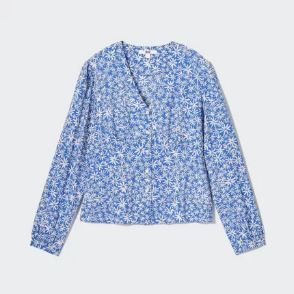 Uniqlo Printed V Neck Long Sleeved Women’s Blouses Blue