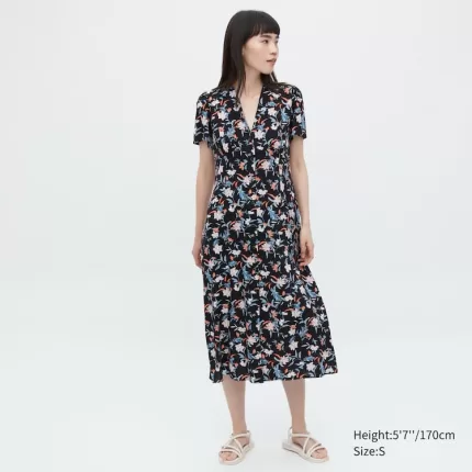 Uniqlo Printed V Neck Short Sleeved Flared Dress Women Black