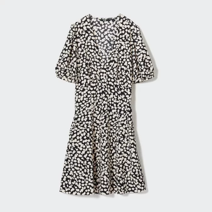 Uniqlo Printed V Neck Short Sleeved Mini Dress Women White Black