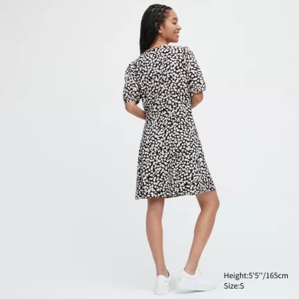 Uniqlo Printed V Neck Short Sleeved Mini Dress Women White Black