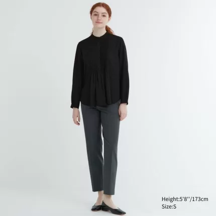 Uniqlo Rayon Pintuck Long Sleeved Women’s Blouses Black