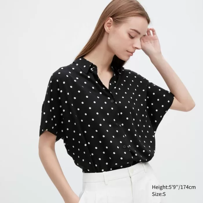 Uniqlo Rayon Short Sleeve Blouses Women Black