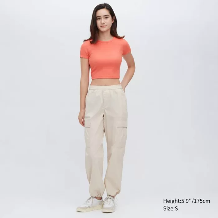 Uniqlo Ribbed Cropped Crew Neck T-Shirt Women Orange