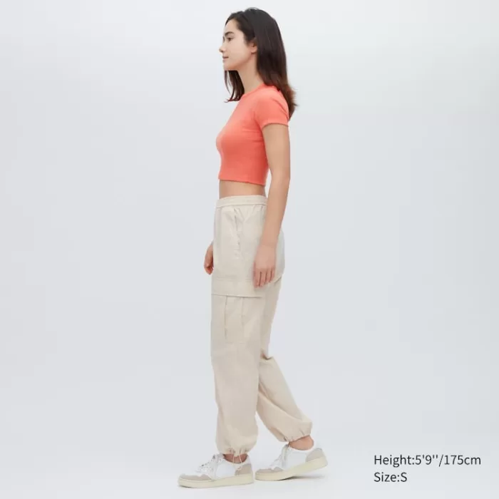 Uniqlo Ribbed Cropped Crew Neck T-Shirt Women Orange