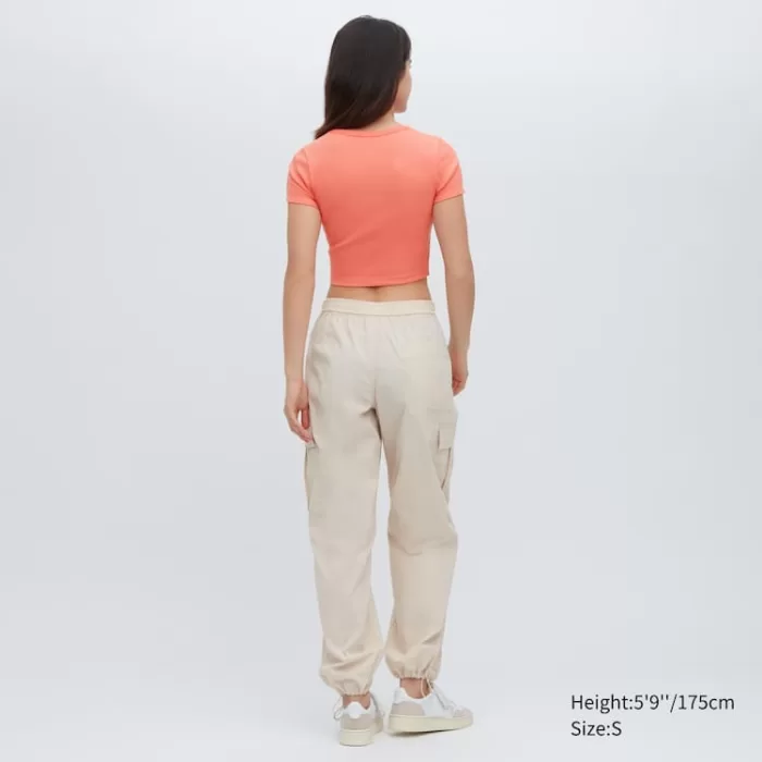 Uniqlo Ribbed Cropped Crew Neck T-Shirt Women Orange