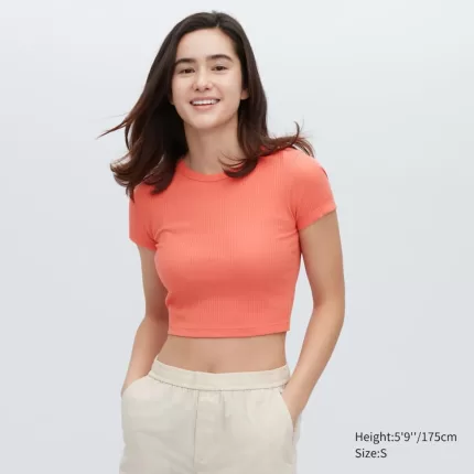 Uniqlo Ribbed Cropped Crew Neck T-Shirt Women Orange