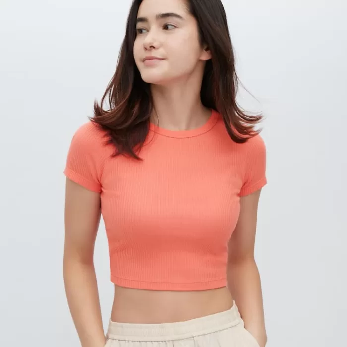 Uniqlo Ribbed Cropped Crew Neck T-Shirt Women Orange