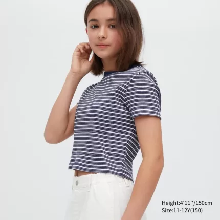 Uniqlo Ribbed Striped Cropped T-Shirt Kids Blue