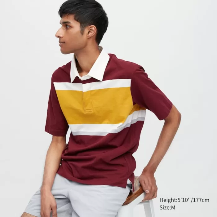 Uniqlo Rugger Striped Short Sleeved Polo Shirt Men Burgundy