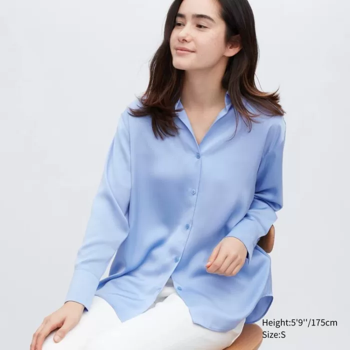 Uniqlo Satin Long Sleeved Women’s Blouses Blue