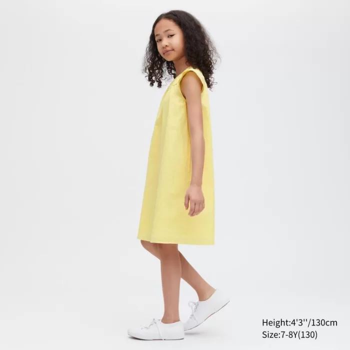 Uniqlo Seersucker Gathered Short Sleeved Dress Kids Yellow