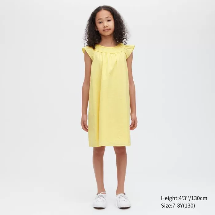 Uniqlo Seersucker Gathered Short Sleeved Dress Kids Yellow