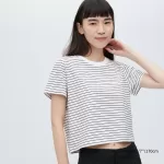 Uniqlo Slub Jersey Cropped Striped Short Sleeved T-Shirt Women White Black