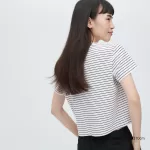 Uniqlo Slub Jersey Cropped Striped Short Sleeved T-Shirt Women White Black