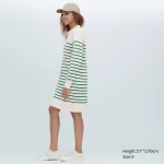 Uniqlo Smooth Cotton Knit Striped Long Sleeved Dress Women White Green