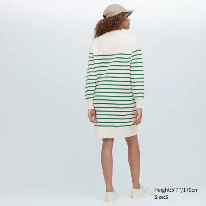 Uniqlo Smooth Cotton Knit Striped Long Sleeved Dress Women White Green