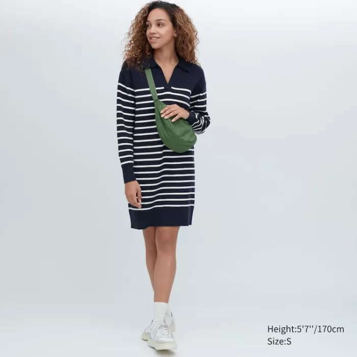 Uniqlo Smooth Cotton Knit Striped Long Sleeved Women’s Knitwear Navy Blue