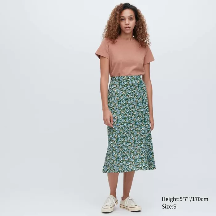 Uniqlo Split Hem Printed Midi Skirt Women Green