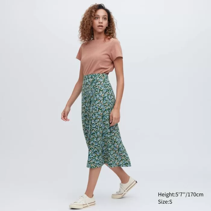 Uniqlo Split Hem Printed Midi Skirt Women Green