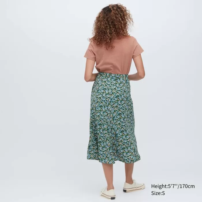 Uniqlo Split Hem Printed Midi Skirt Women Green