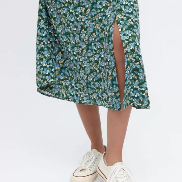 Uniqlo Split Hem Printed Midi Skirt Women Green