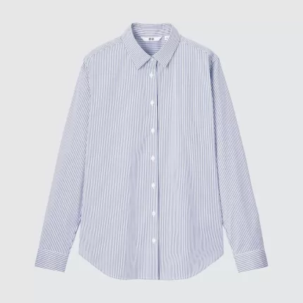 Uniqlo Supima Cotton Stretch Broadcloth Striped Long Sleeved Women’s Shirts Blue