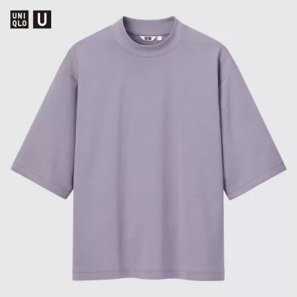 Uniqlo U Airism Cotton Oversized Mock Neck Half Sleeved T-Shirt Men Purple