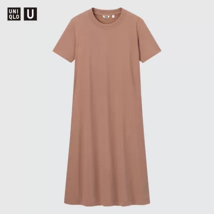 Uniqlo U Airism Cotton Short Sleeved Longline Flared Dress Women Pink