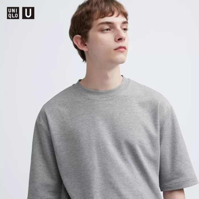 Uniqlo U Airism Cotton Striped Oversized Crew Neck Half Sleeve T-Shirt Men White