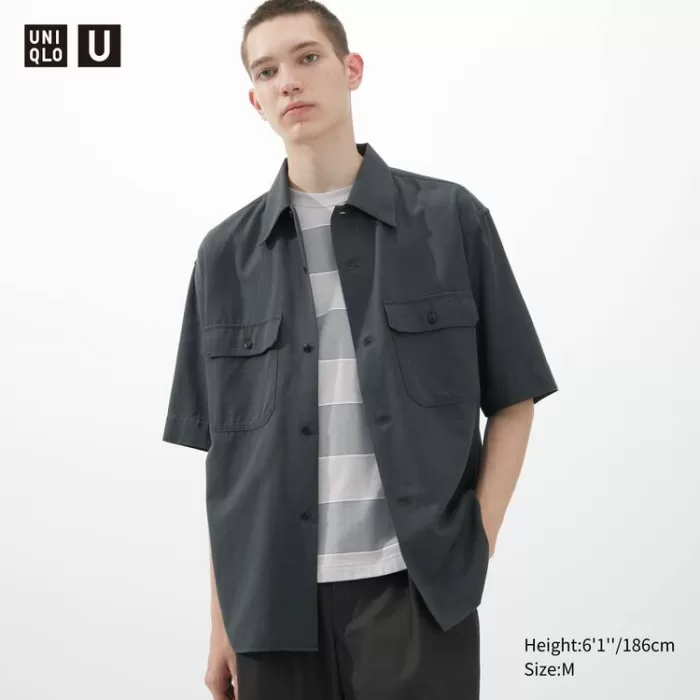 Uniqlo U Casual Fit Short Sleeved Work Shirts Men Grey