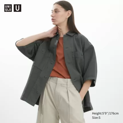 Uniqlo U Oversized Short Sleeved Work Shirts Women Dark Grey