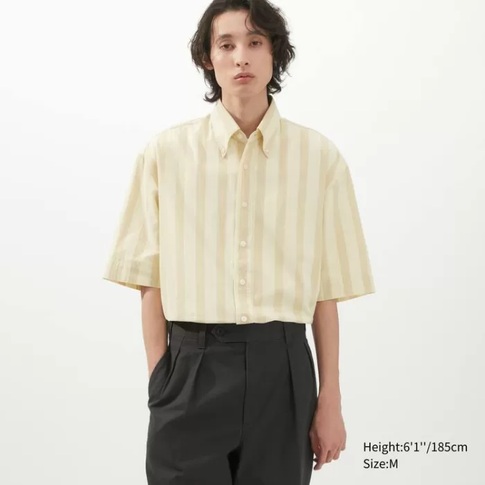 Uniqlo U Seersucker Casual Striped Short Sleeved Men’s Shirts Cream