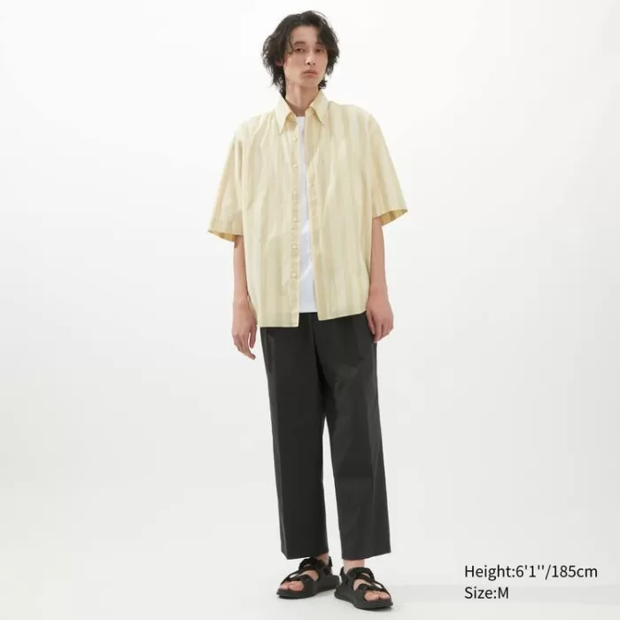 Uniqlo U Seersucker Casual Striped Short Sleeved Men’s Shirts Cream