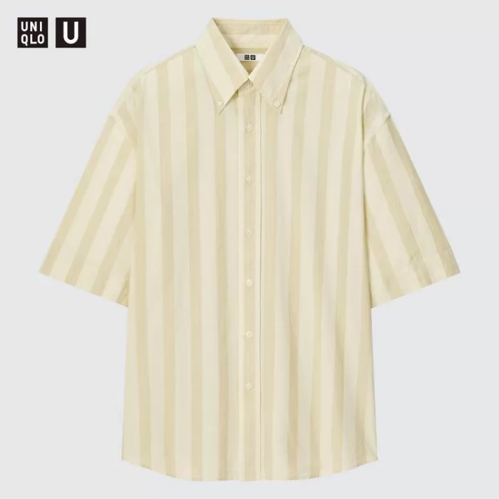 Uniqlo U Seersucker Casual Striped Short Sleeved Men’s Shirts Cream