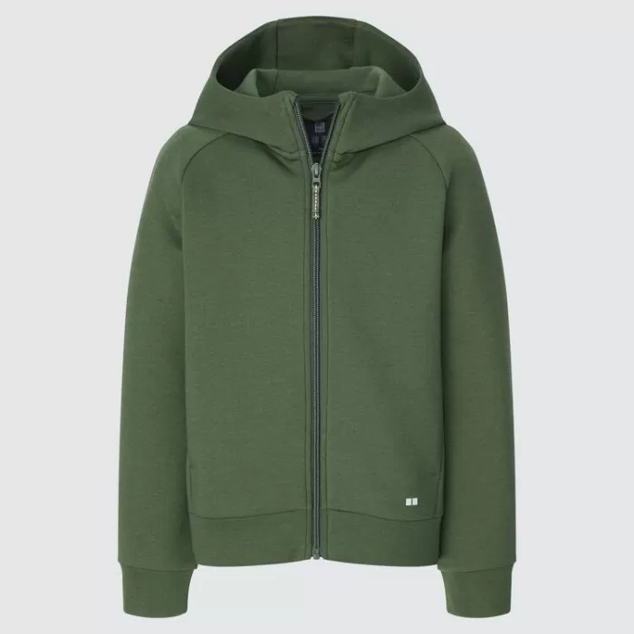 Uniqlo Ultra Stretch Dry Sweat Zipped Kids Hoodie Olive Green