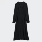 Uniqlo V Neck Flared Long Sleeved Dress Women Black