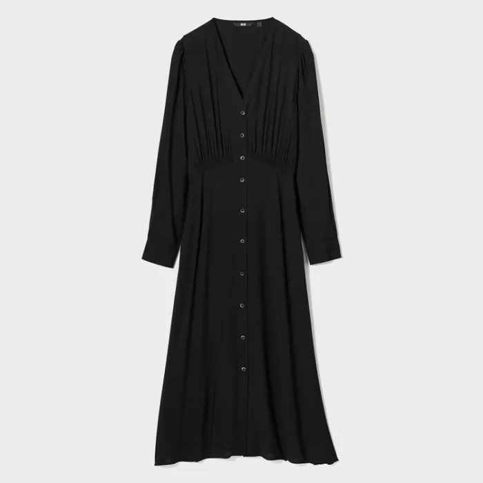 Uniqlo V Neck Flared Long Sleeved Dress Women Black