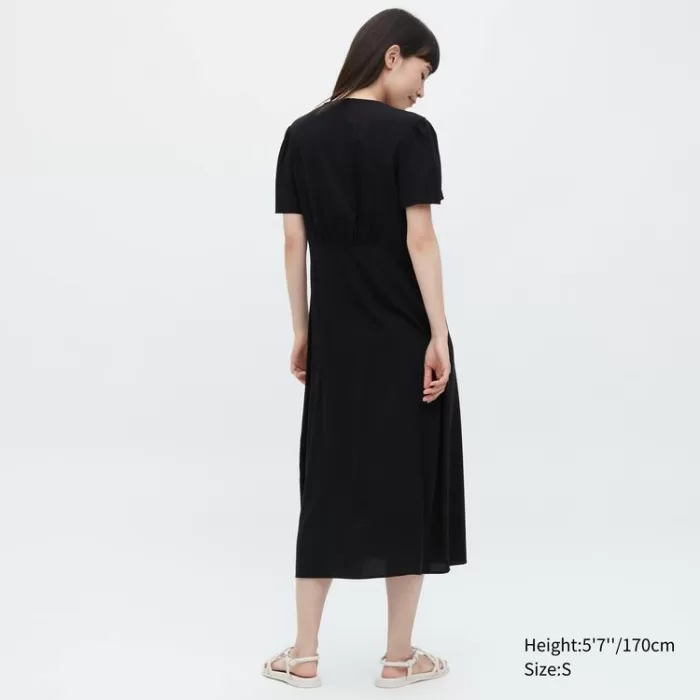 Uniqlo V Neck Short Sleeved Flared Dress Women Black