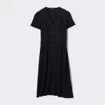 Uniqlo V Neck Short Sleeved Flared Dress Women Black