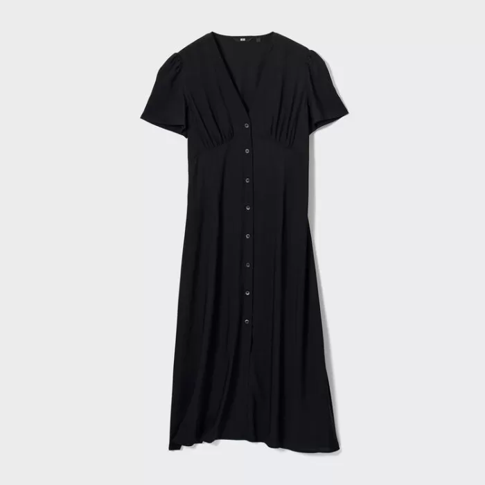 Uniqlo V Neck Short Sleeved Flared Dress Women Black