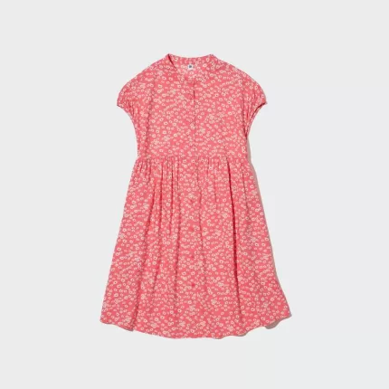 Uniqlo Viscose Flower Printed Short Sleeved Dress Kids Pink