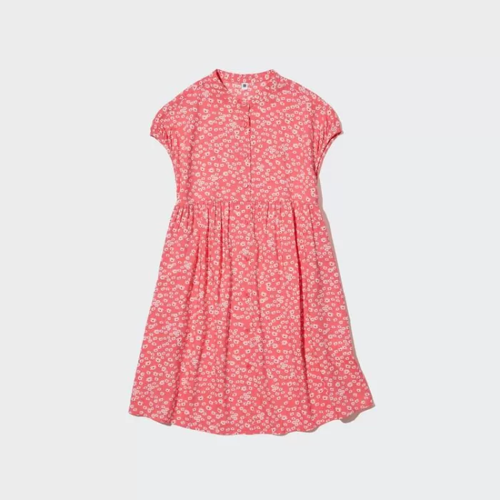 Uniqlo Viscose Flower Printed Short Sleeved Dress Kids Pink