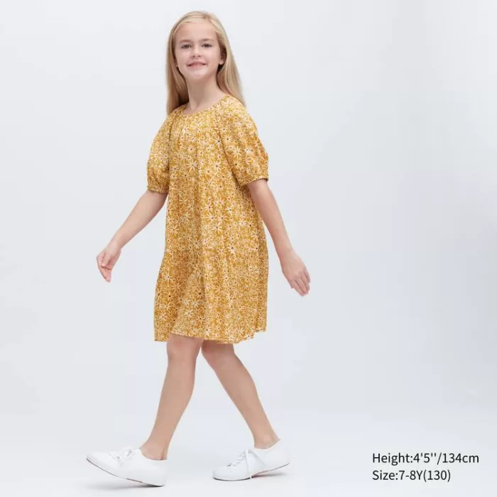 Uniqlo Viscose Flower Printed Short Sleeved Dress Kids Yellow