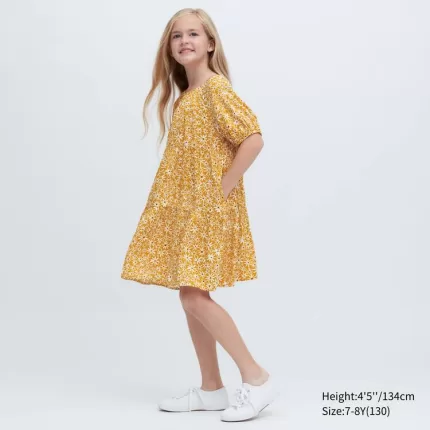 Uniqlo Viscose Flower Printed Short Sleeved Dress Kids Yellow