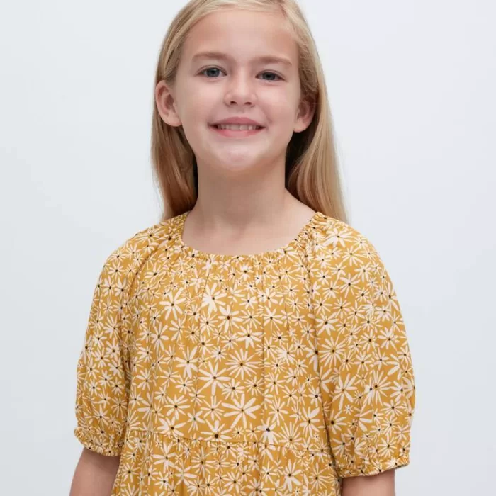 Uniqlo Viscose Flower Printed Short Sleeved Dress Kids Yellow